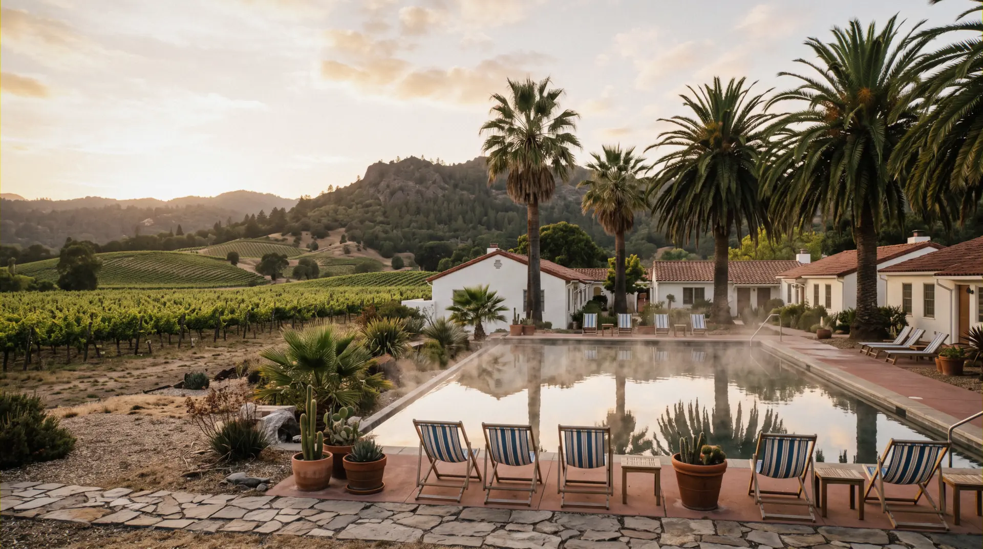 Palm-shaded geothermal mineral pool at dusk, Calistoga hot springs hotels, Napa Valley, California