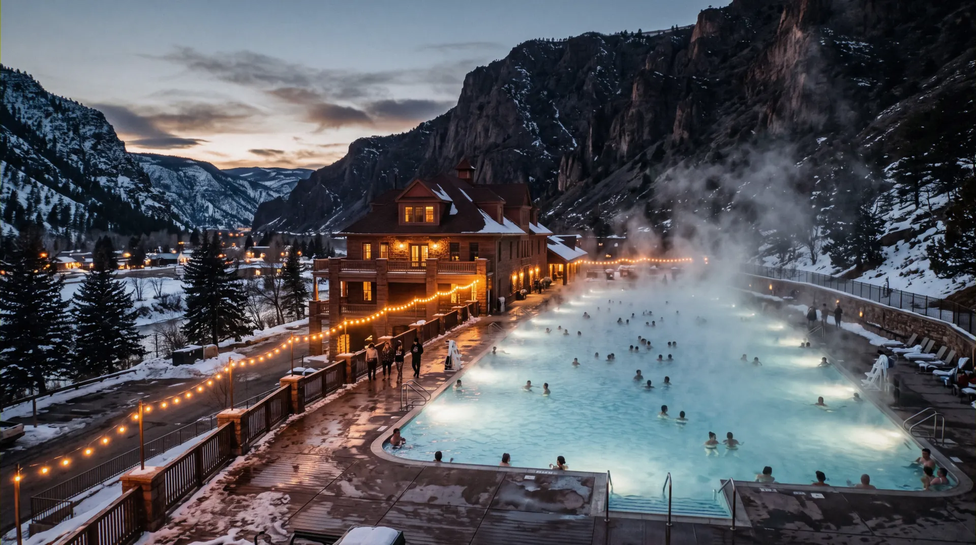 Steam rising off the hot springs pool in Glenwood Springs, Colorado, at dusk below the mountains