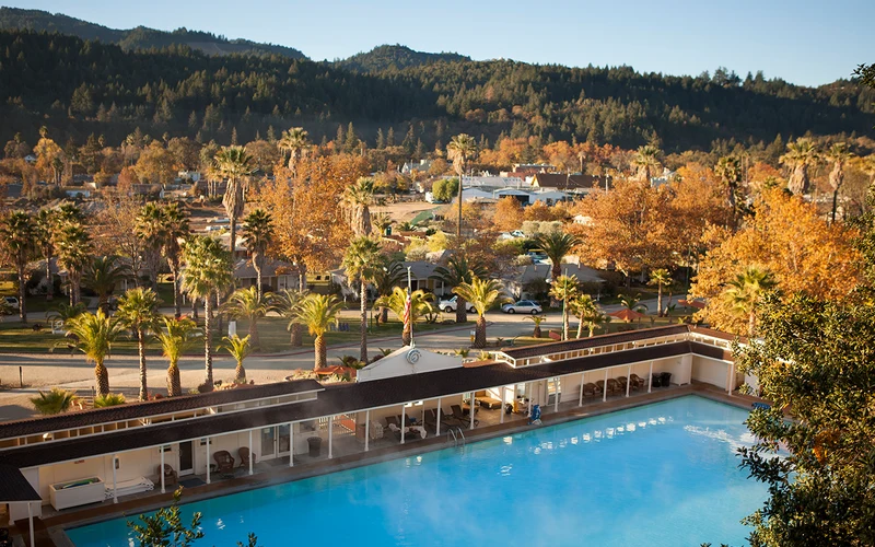 Indian Springs Calistoga Olympic-sized 1913 geyser-fed mineral pool at 92-102°F, Calistoga hot springs hotels, California