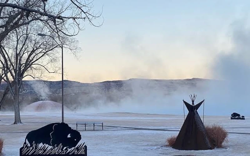 Log cabins at Roundtop Mountain Vista a short walk from the Thermopolis hot springs, Wyoming