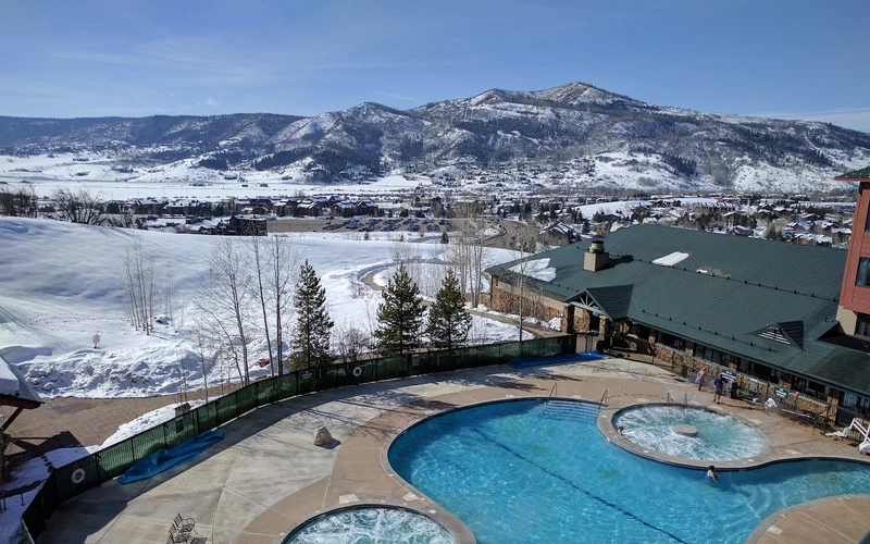 Steamboat Grand hotel at the ski base, a drive from the Steamboat Springs hot springs in Colorado