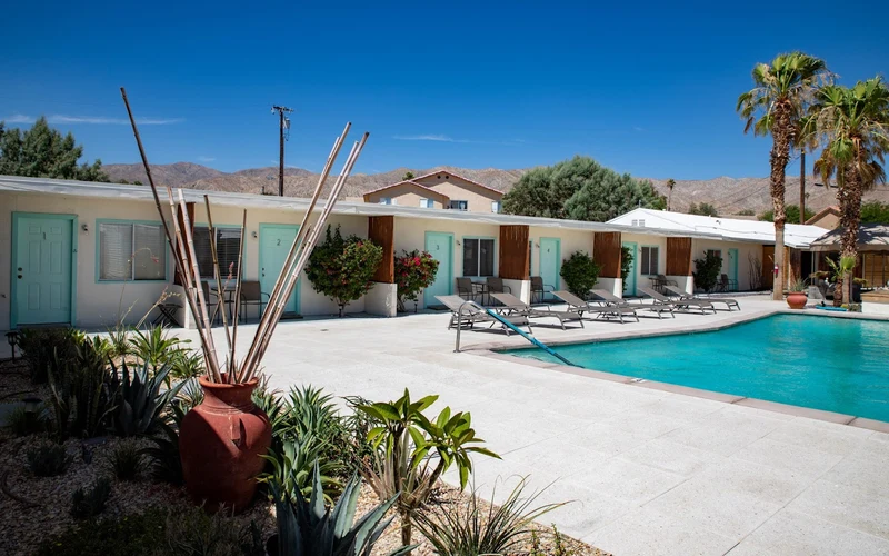 The O Spa mineral spring pools at 104°F with mountain views, Desert Hot Springs hot springs hotels, California
