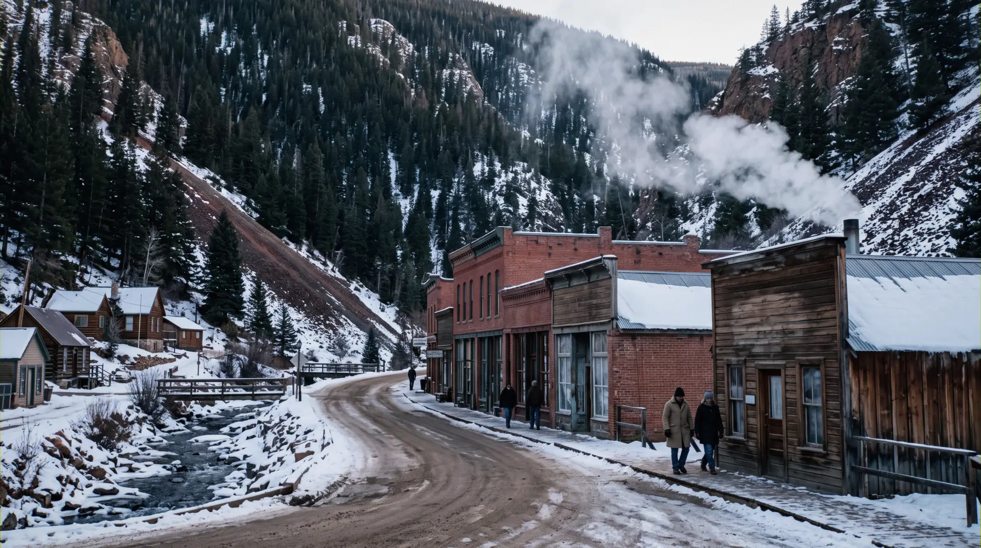 Historic resort buildings above Soda Creek at the Idaho Springs hot springs, Colorado