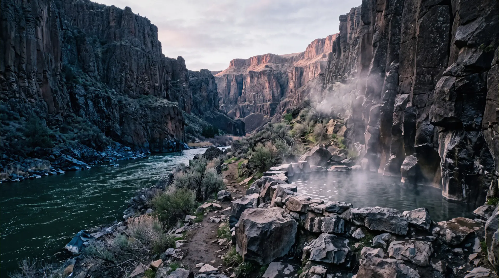 Morning light in the Rio Grande Gorge above the free Taos hot springs near Arroyo Hondo, New Mexico