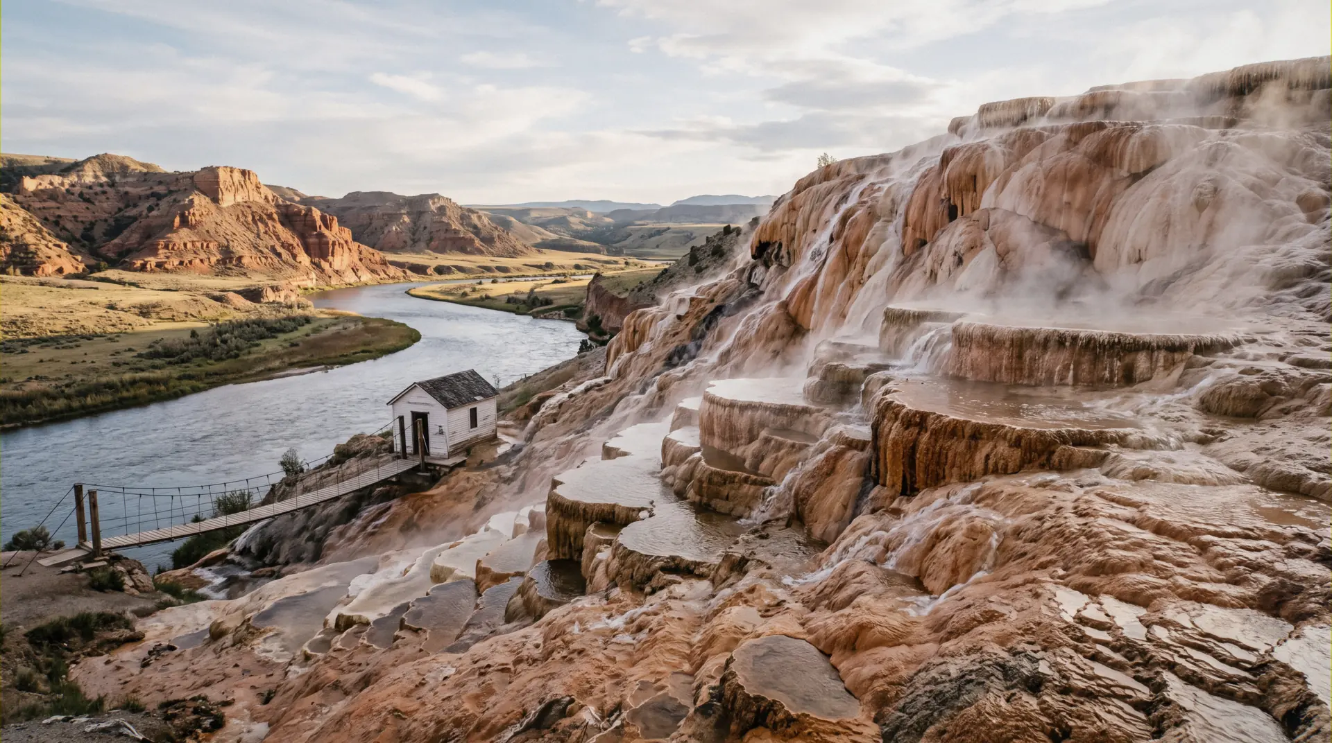 Rainbow Terraces and the Bighorn River at the Thermopolis hot springs in Hot Springs State Park, Wyoming